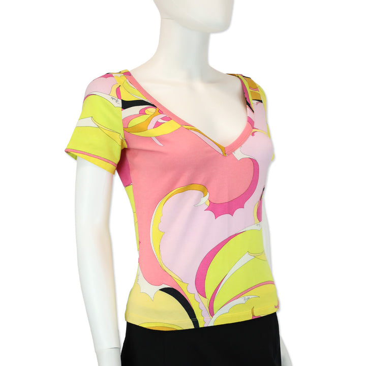 Emilio Pucci Pink/Yellow Abstract Print V-Neck T-Shirt