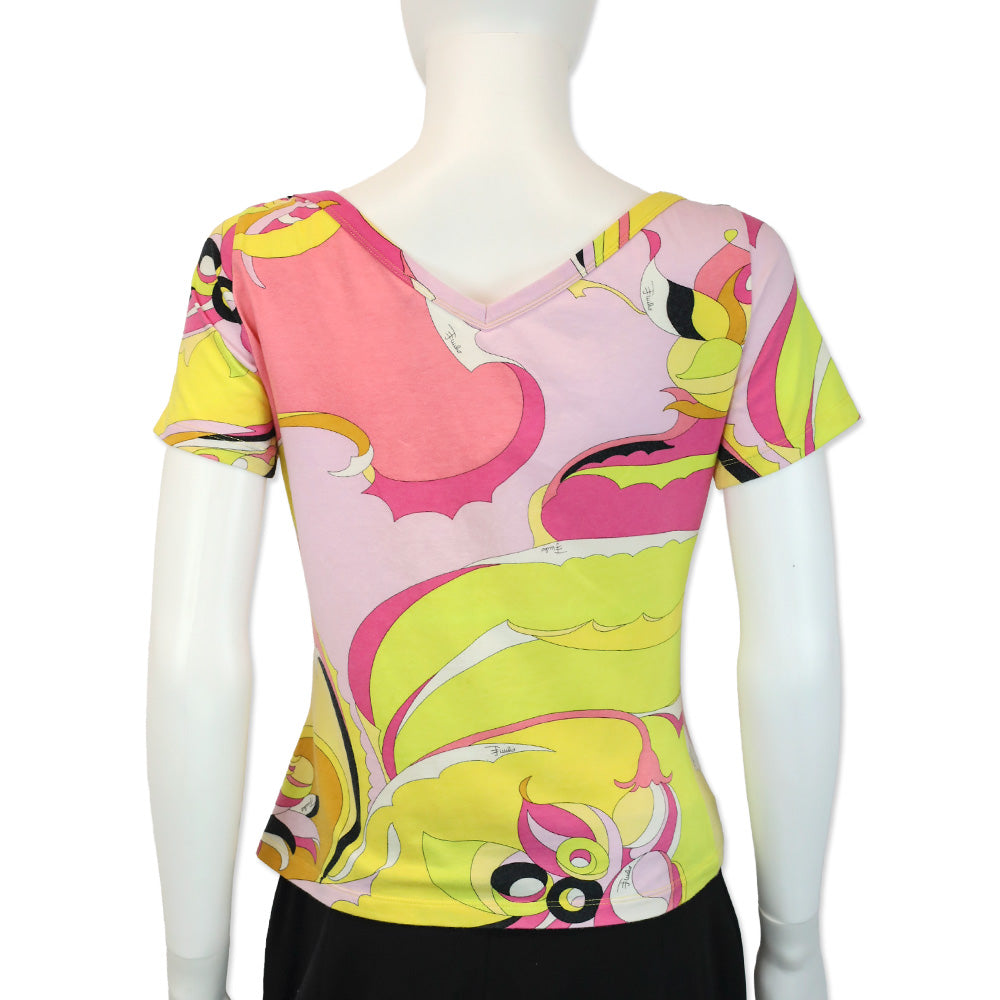Emilio Pucci Pink/Yellow Abstract Print V-Neck T-Shirt