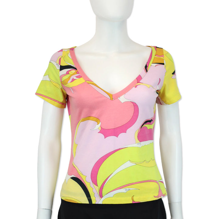 Emilio Pucci Pink/Yellow Abstract Print V-Neck T-Shirt
