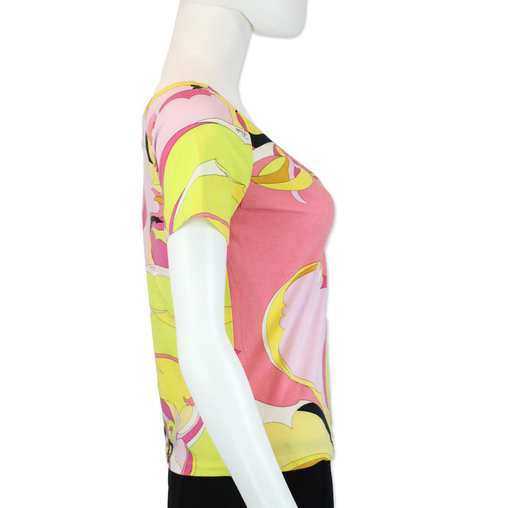 Emilio Pucci Pink/Yellow Abstract Print V-Neck T-Shirt