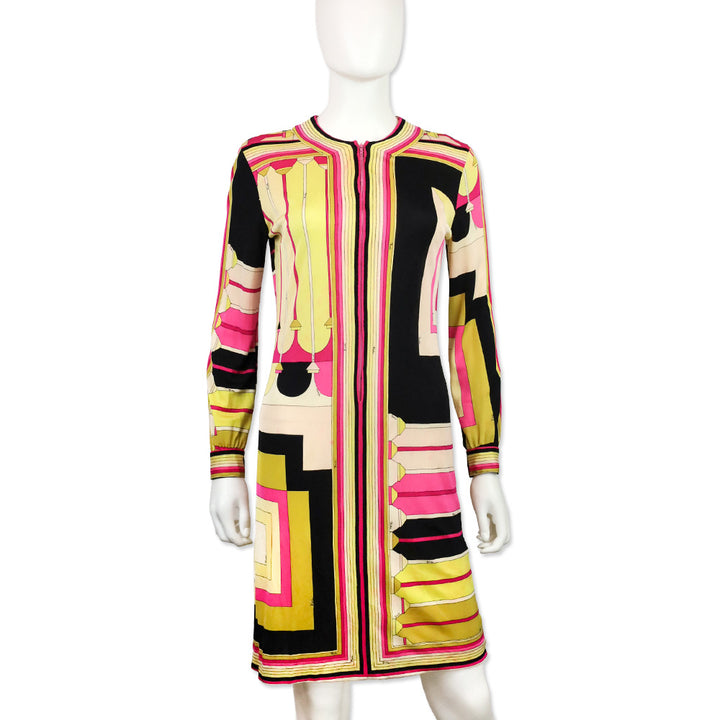 Emilio Pucci Vintage Pink/Yellow Long Sleeve Zip Front Shift Dress