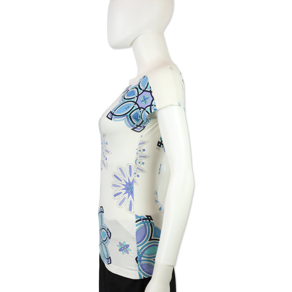 Emilio Pucci White/Blue Snowflake Print Bateau Top