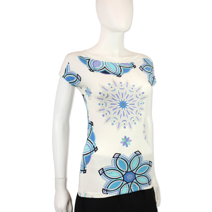 Emilio Pucci White/Blue Snowflake Print Bateau Top