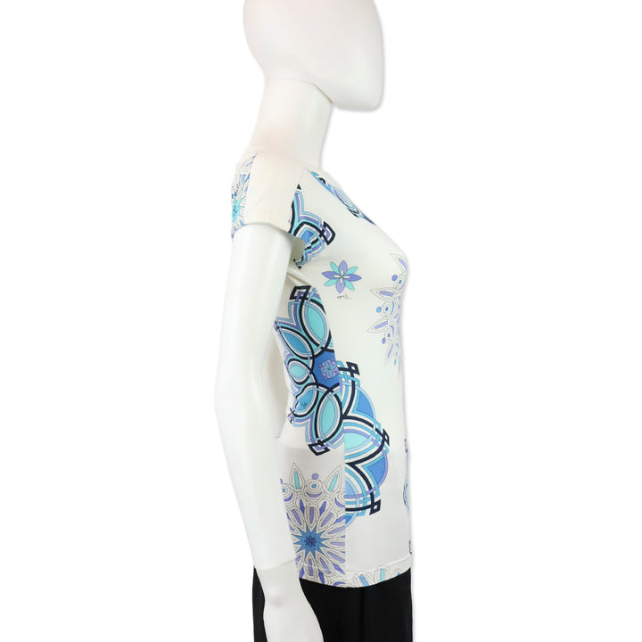Emilio Pucci White/Blue Snowflake Print Bateau Top