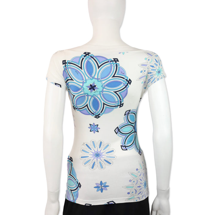 Emilio Pucci White/Blue Snowflake Print Bateau Top