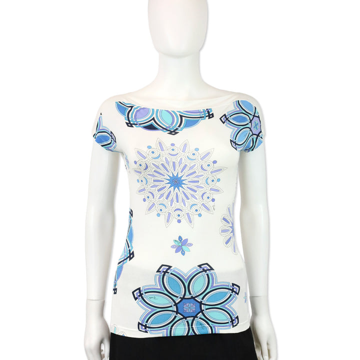 Emilio Pucci White/Blue Snowflake Print Bateau Top