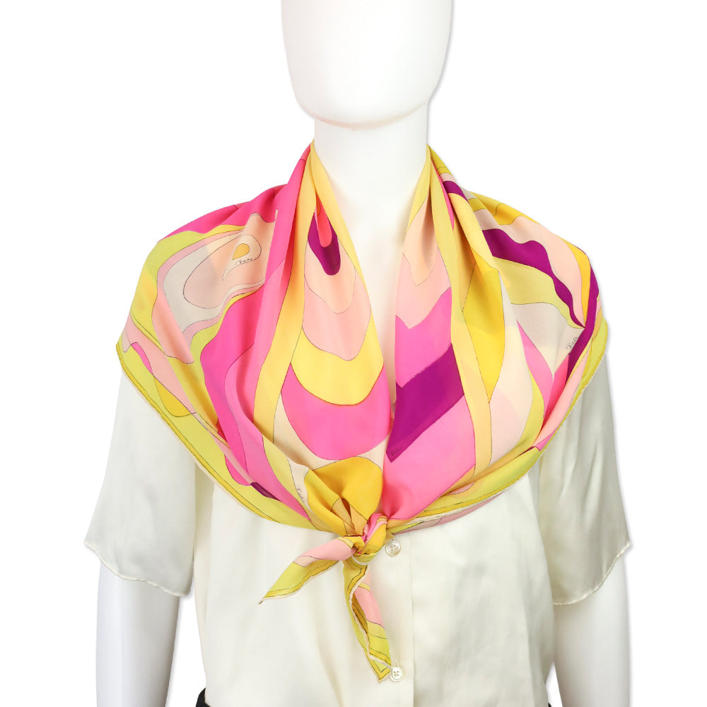 Emilio Pucci Yellow Multicolor Geometric Print Silk Chiffon Scarf