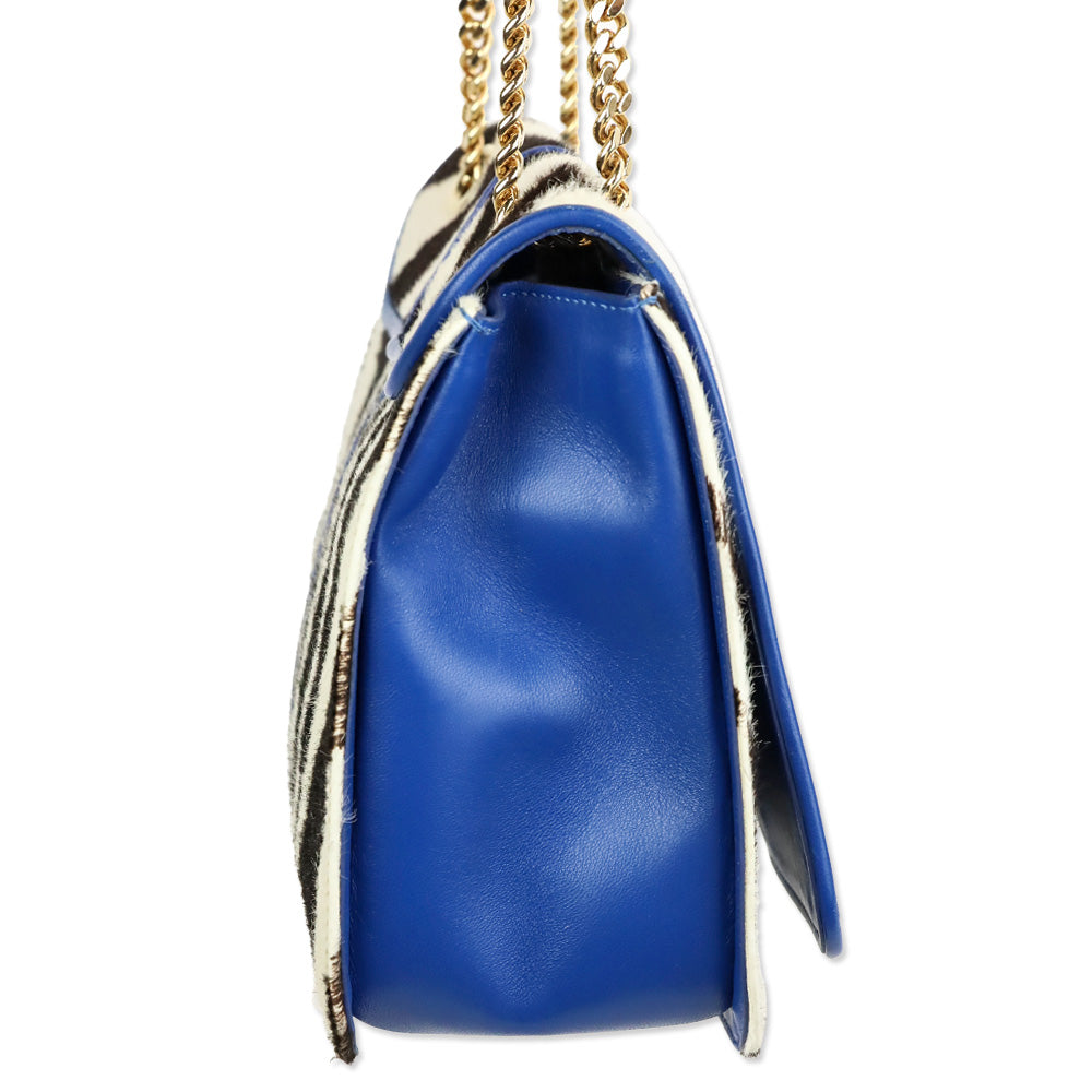 Emilio Pucci Zebra Pony Hair with Blue Leather Trim Flap Shoulder Bag