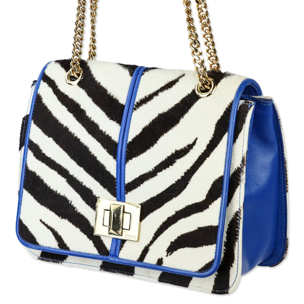 Emilio Pucci Zebra Pony Hair with Blue Leather Trim Flap Shoulder Bag