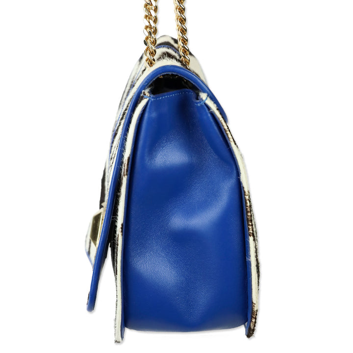 Emilio Pucci Zebra Pony Hair with Blue Leather Trim Flap Shoulder Bag