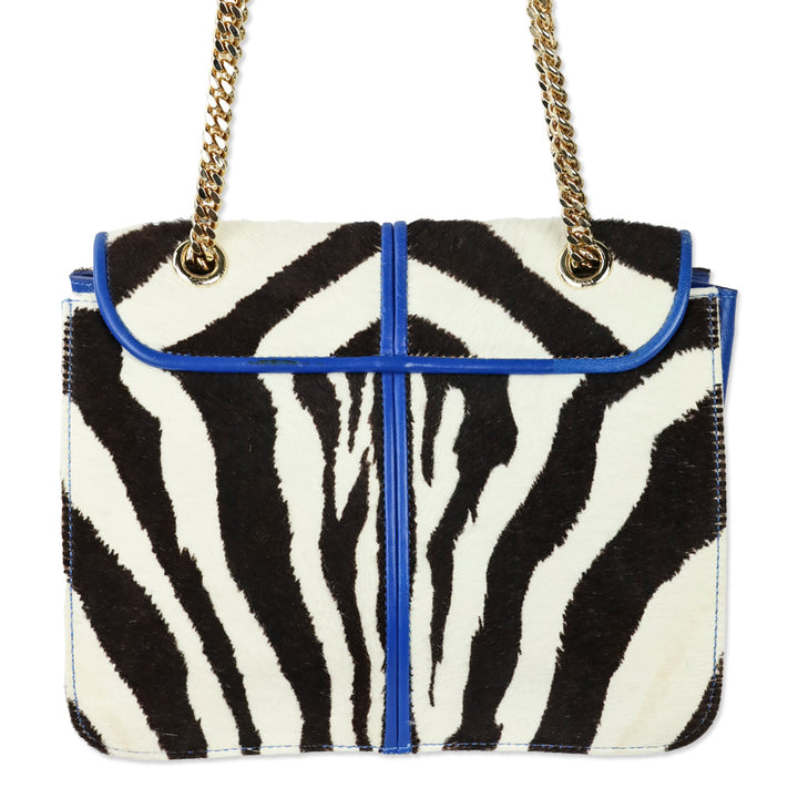 Emilio Pucci Zebra Pony Hair with Blue Leather Trim Flap Shoulder Bag