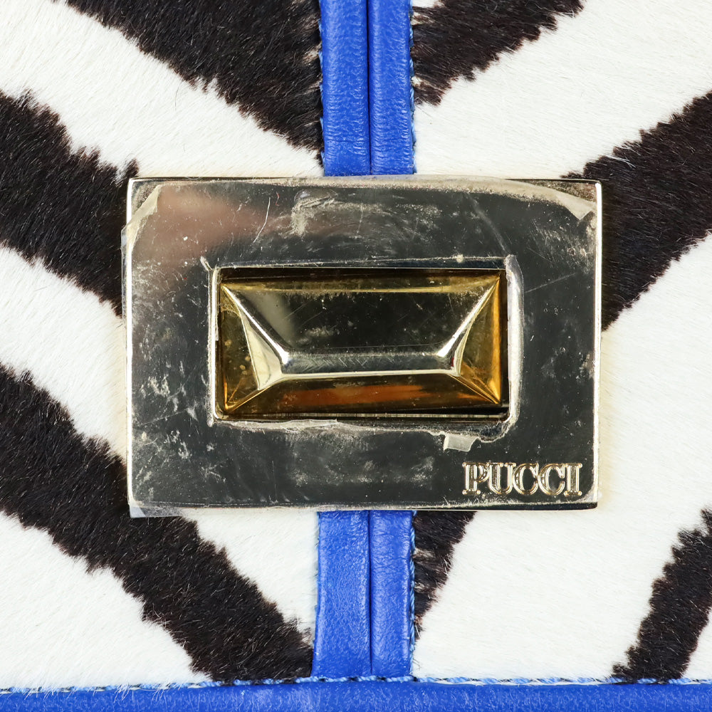 Emilio Pucci Zebra Pony Hair with Blue Leather Trim Flap Shoulder Bag