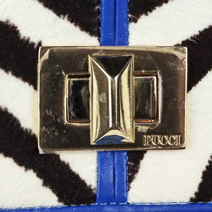 Emilio Pucci Zebra Pony Hair with Blue Leather Trim Flap Shoulder Bag