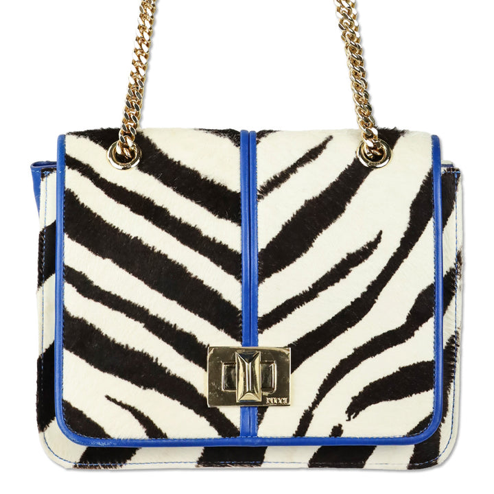 Emilio Pucci Zebra Pony Hair with Blue Leather Trim Flap Shoulder Bag