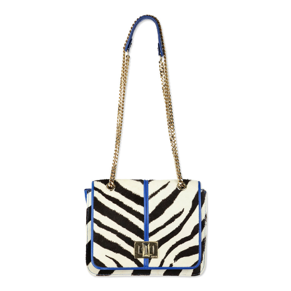 Emilio Pucci Zebra Pony Hair with Blue Leather Trim Flap Shoulder Bag