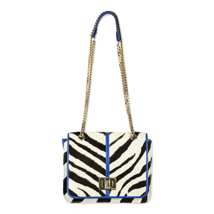 Emilio Pucci Zebra Pony Hair with Blue Leather Trim Flap Shoulder Bag
