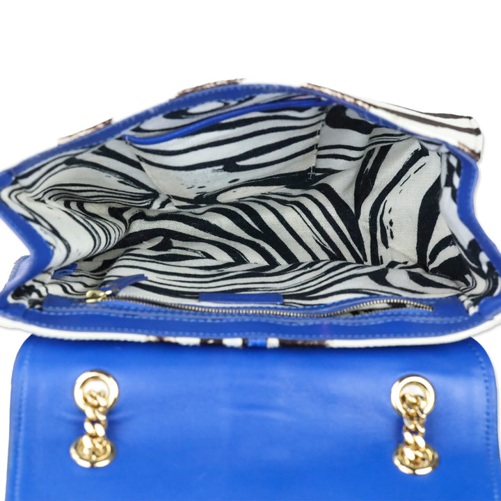 Emilio Pucci Zebra Pony Hair with Blue Leather Trim Flap Shoulder Bag