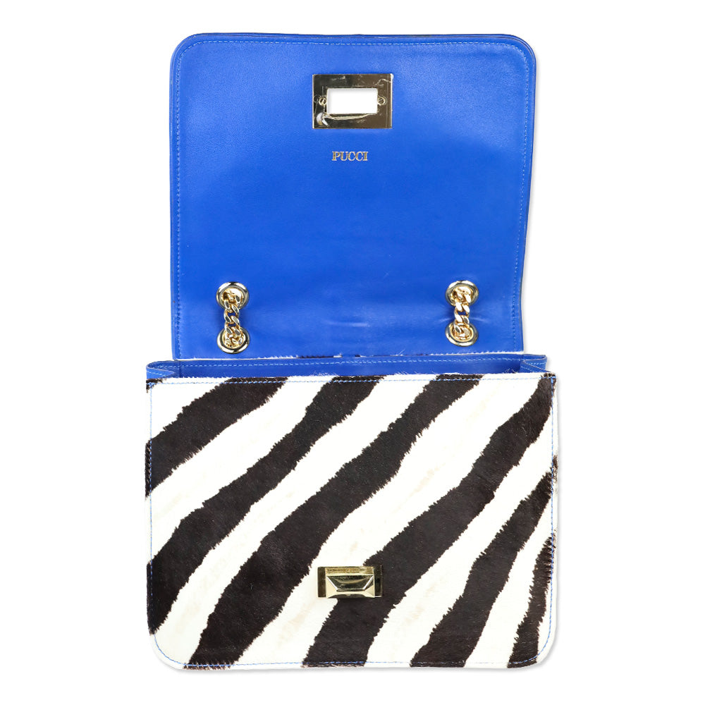 Emilio Pucci Zebra Pony Hair with Blue Leather Trim Flap Shoulder Bag