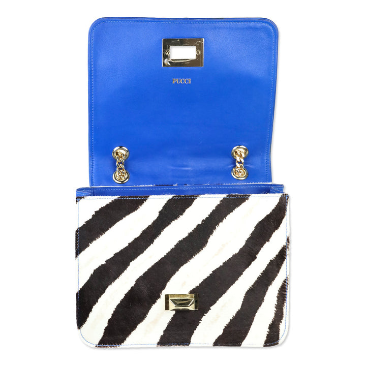 Emilio Pucci Zebra Pony Hair with Blue Leather Trim Flap Shoulder Bag