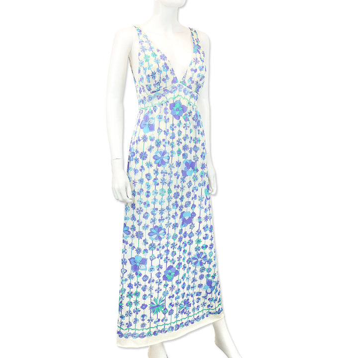 Emilio Pucci for Formfit Rogers Blue Floral Print Sheer V-Neck Sleeveless Dress