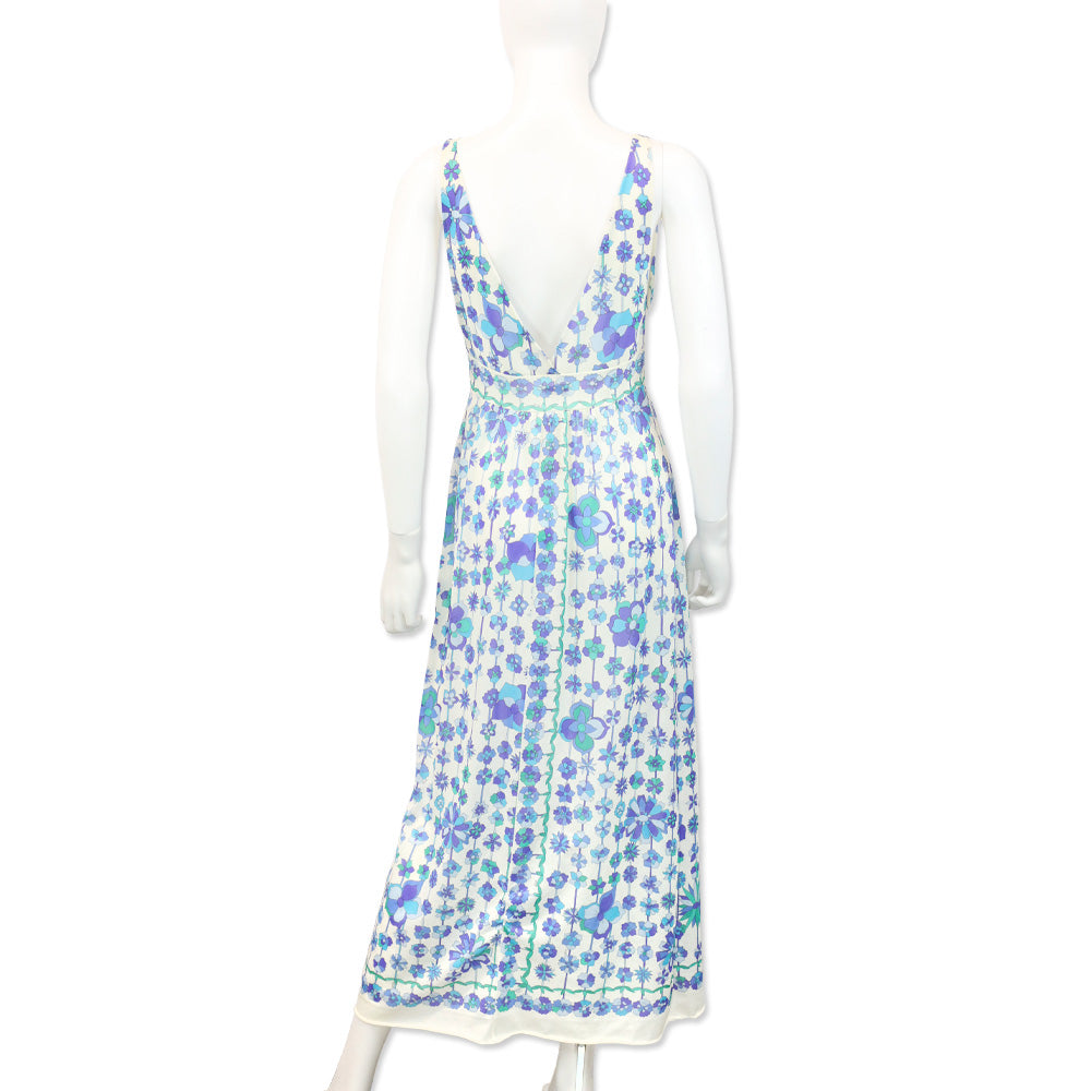 Emilio Pucci for Formfit Rogers Blue Floral Print Sheer V-Neck Sleeveless Dress