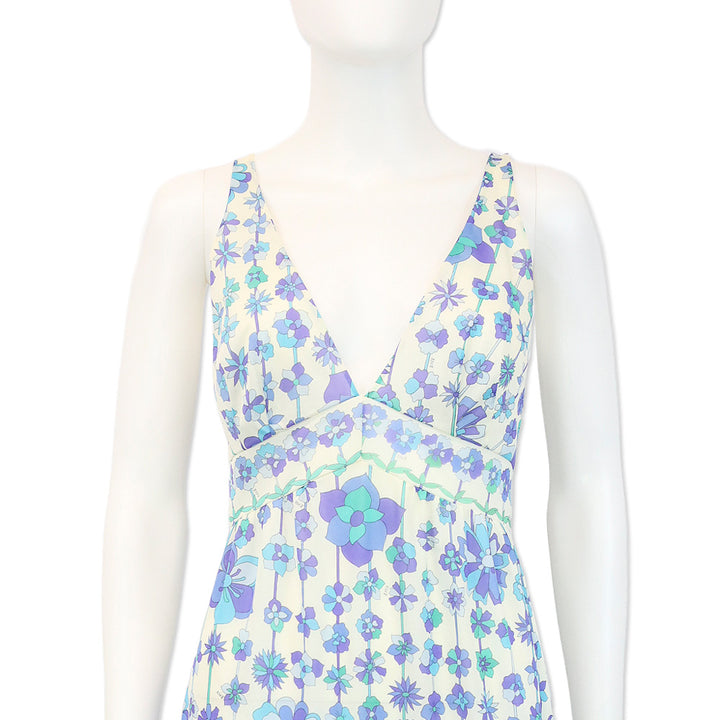 Emilio Pucci for Formfit Rogers Blue Floral Print Sheer V-Neck Sleeveless Dress