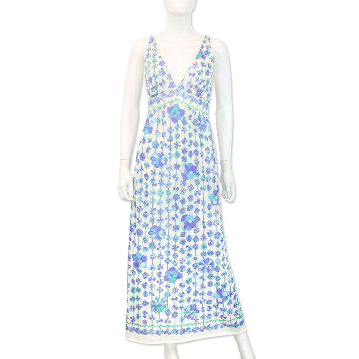 Emilio Pucci for Formfit Rogers Blue Floral Print Sheer V-Neck Sleeveless Dress
