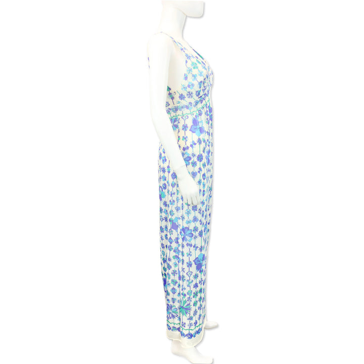 Emilio Pucci for Formfit Rogers Blue Floral Print Sheer V-Neck Sleeveless Dress