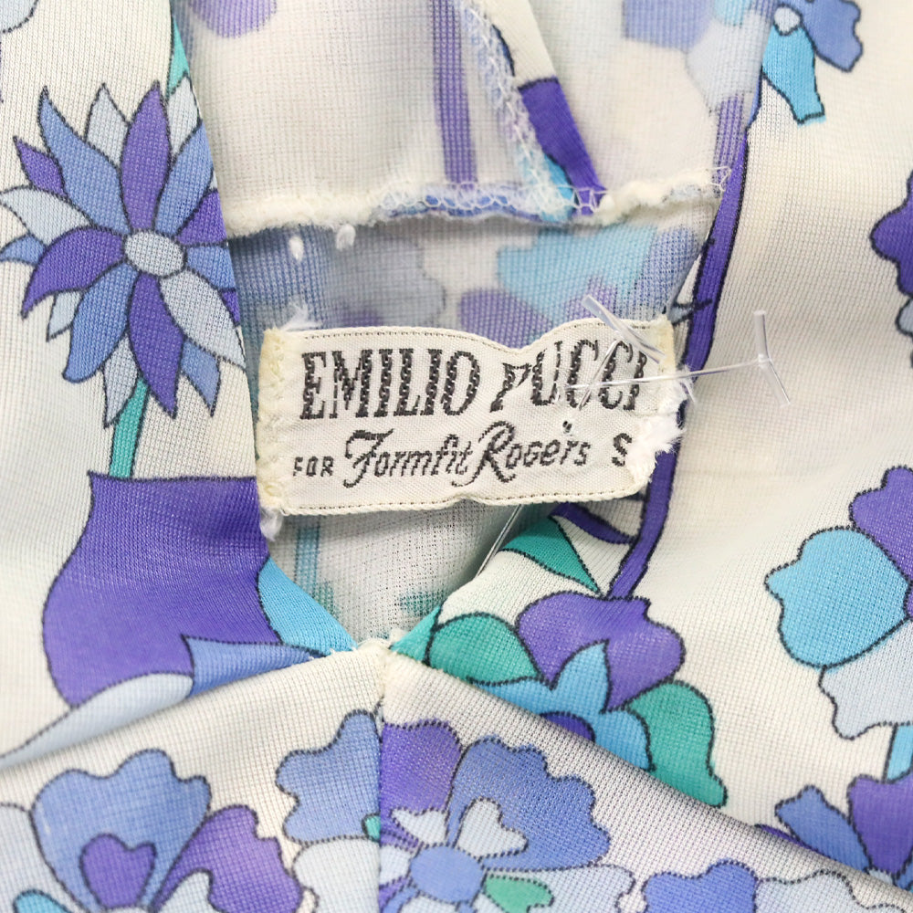 Emilio Pucci for Formfit Rogers Blue Floral Print Sheer V-Neck Sleeveless Dress