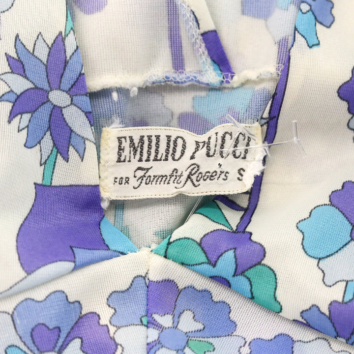 Emilio Pucci for Formfit Rogers Blue Floral Print Sheer V-Neck Sleeveless Dress