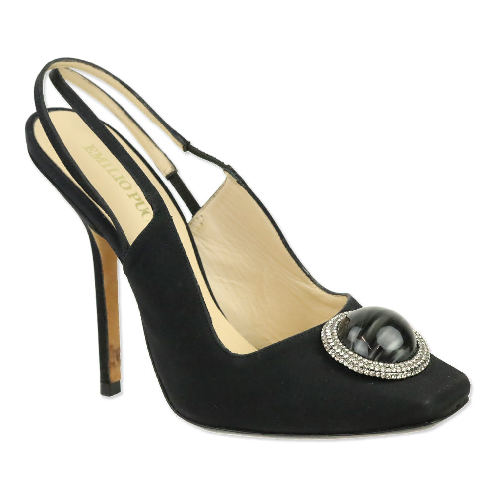 Emilio Pucci Black Silk Round Jewel Slingback Pump