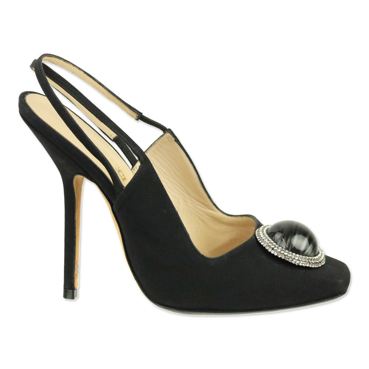 Emilio Pucci Black Silk Round Jewel Slingback Pump