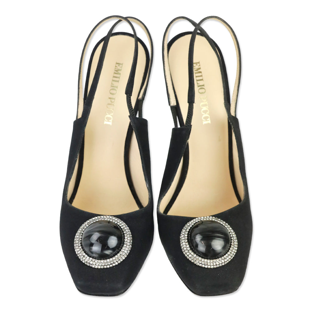Emilio Pucci Black Silk Round Jewel Slingback Pump