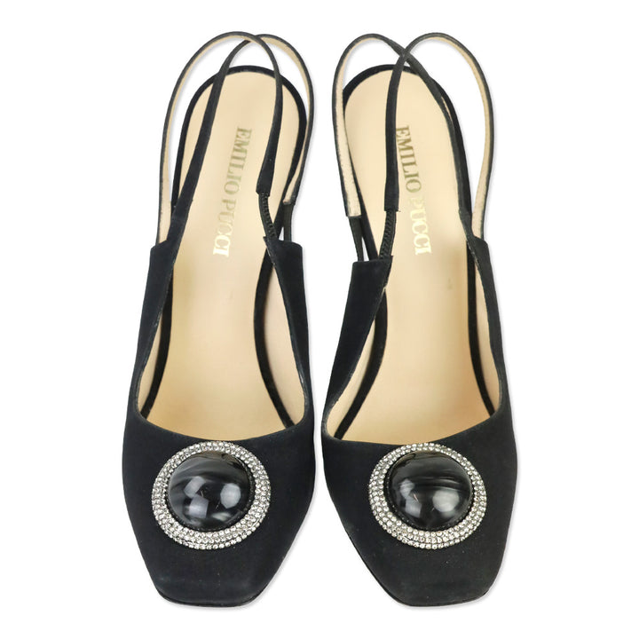 Emilio Pucci Black Silk Round Jewel Slingback Pump