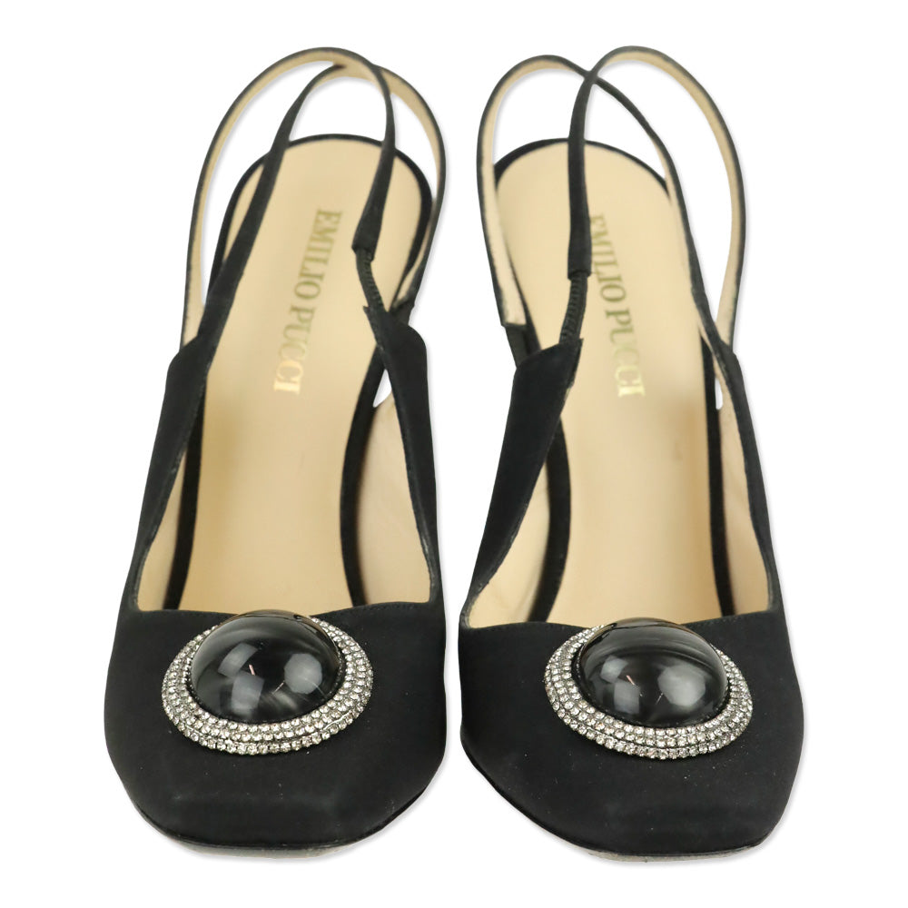 Emilio Pucci Black Silk Round Jewel Slingback Pump