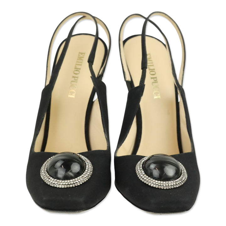 Emilio Pucci Black Silk Round Jewel Slingback Pump
