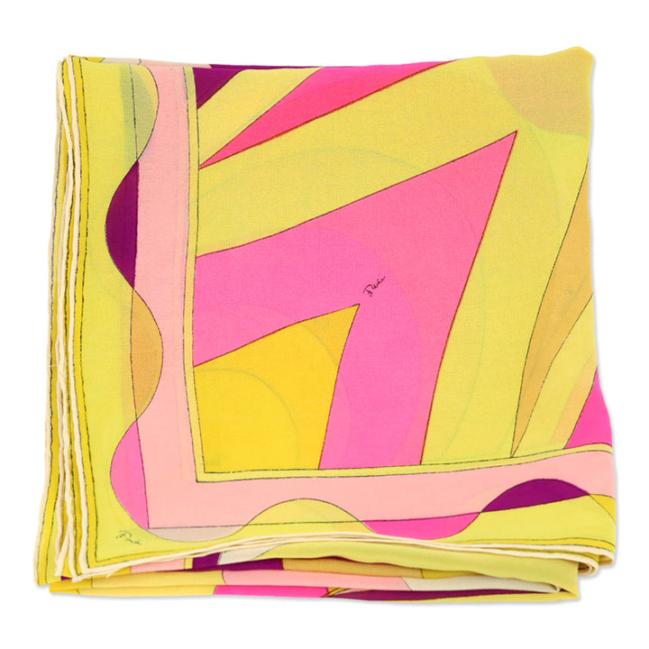 Emilio Pucci Yellow Multicolor Geometric Print Silk Chiffon Scarf