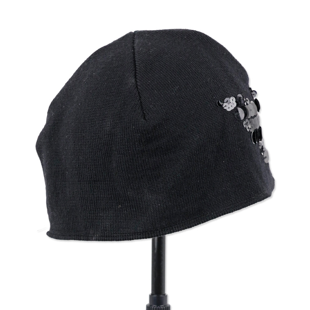 Emporio Armani Black Virgin Wool Knit Sequin Logo Beanie