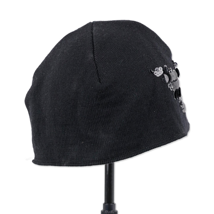 Emporio Armani Black Virgin Wool Knit Sequin Logo Beanie