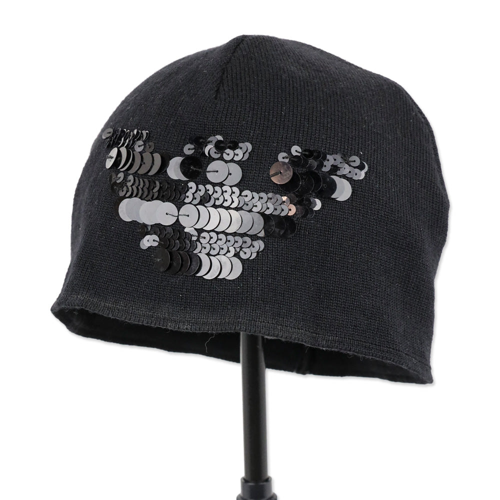 Emporio Armani Black Virgin Wool Knit Sequin Logo Beanie