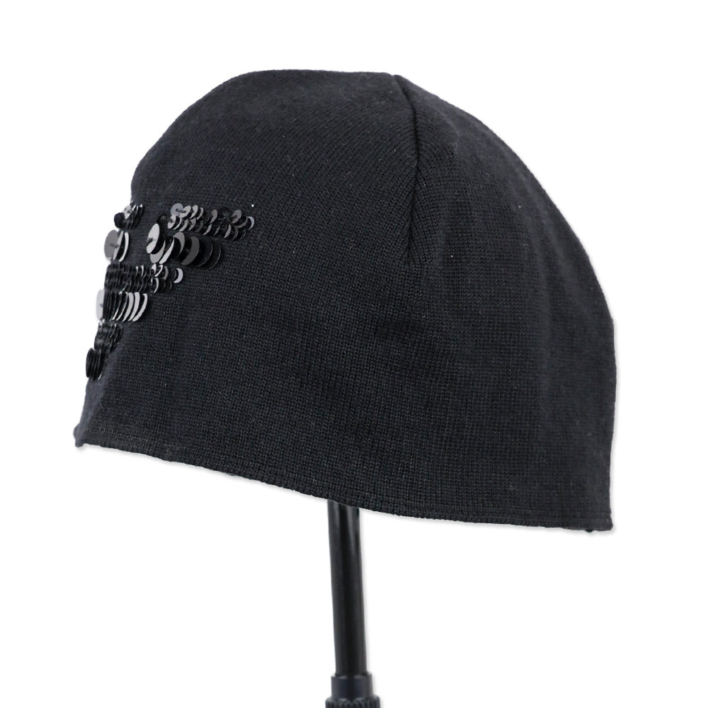 Emporio Armani Black Virgin Wool Knit Sequin Logo Beanie