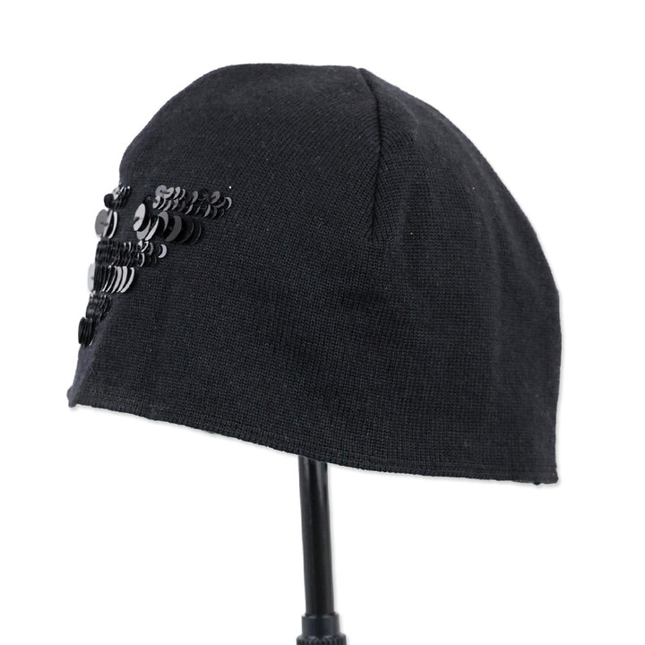 Emporio Armani Black Virgin Wool Knit Sequin Logo Beanie