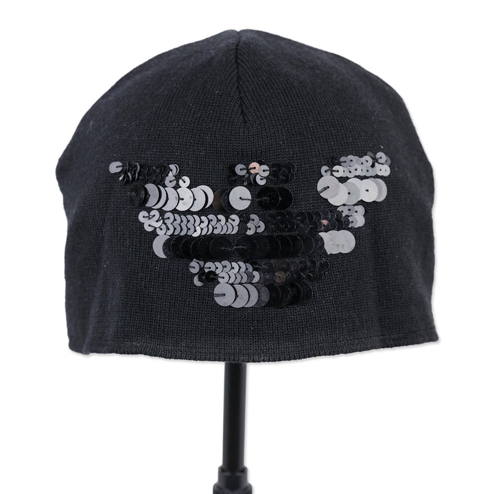 Emporio Armani Black Virgin Wool Knit Sequin Logo Beanie