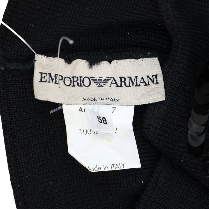 Emporio Armani Black Virgin Wool Knit Sequin Logo Beanie