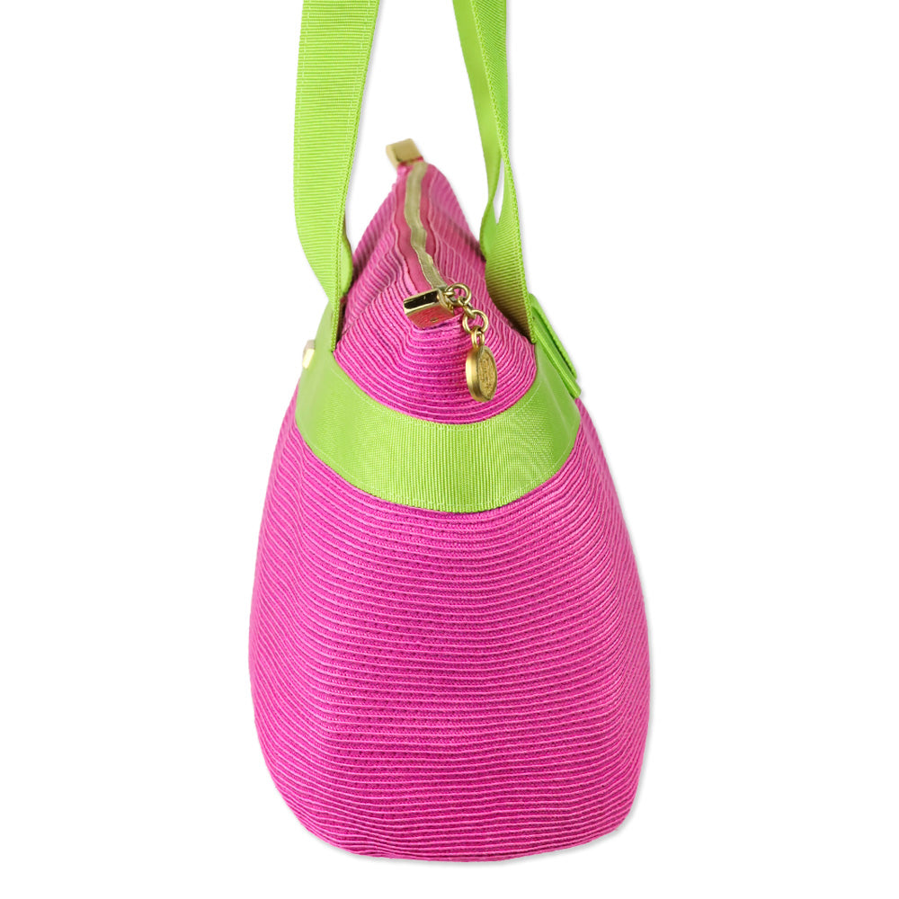 Eric Javits Pink Straw and Green Grosgrain Tote