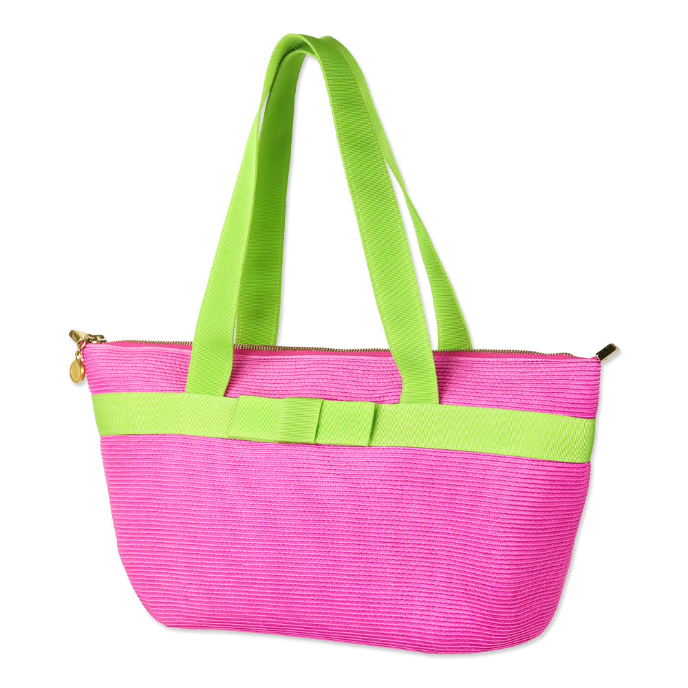 Eric Javits Pink Straw and Green Grosgrain Tote