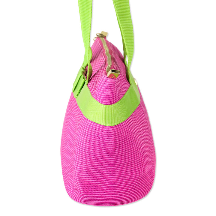 Eric Javits Pink Straw and Green Grosgrain Tote