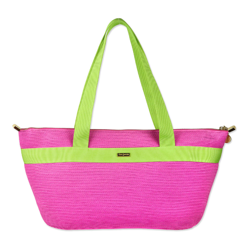 Eric Javits Pink Straw and Green Grosgrain Tote