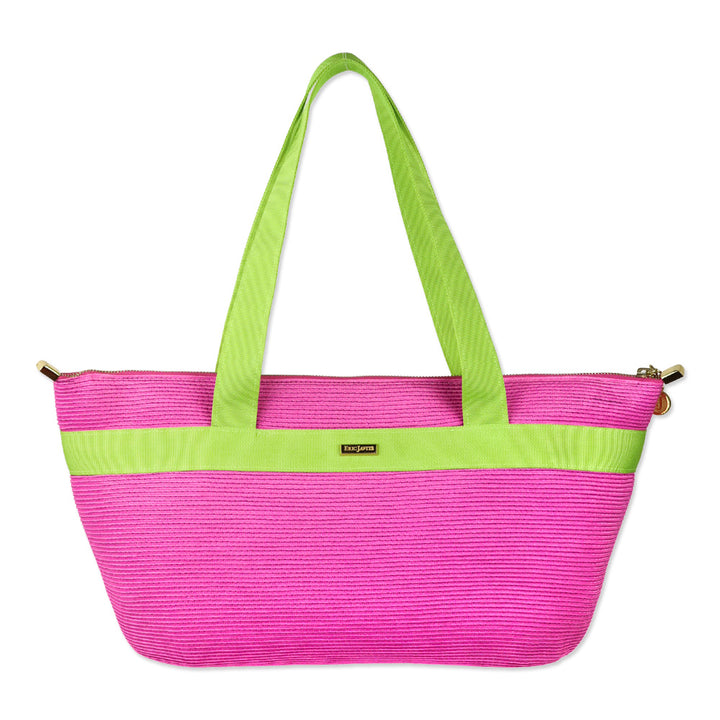 Eric Javits Pink Straw and Green Grosgrain Tote