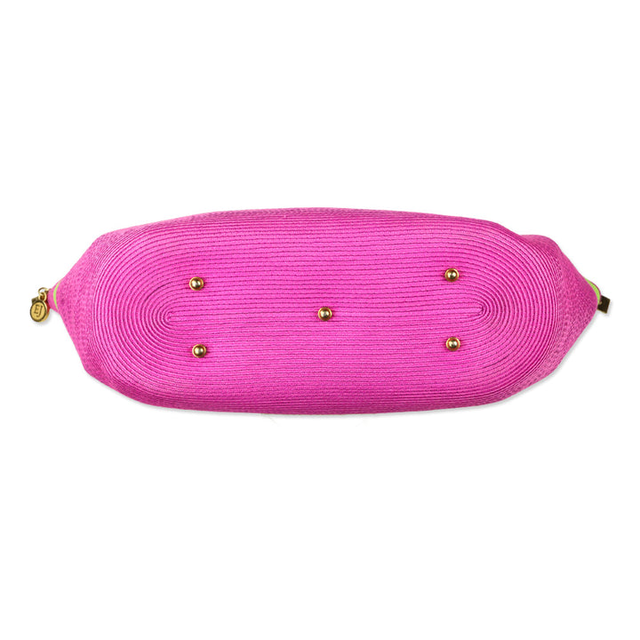 Eric Javits Pink Straw and Green Grosgrain Tote